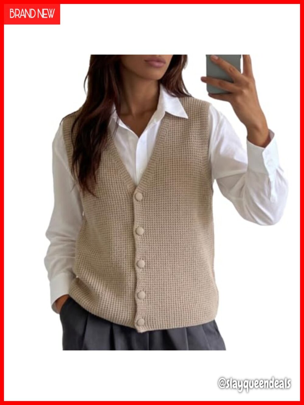 Sleeveless Button Up Sweater Vest Womens Ribbed Knit V-Neck Collared Oversized